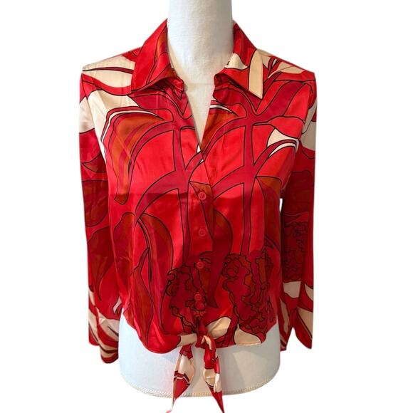 Rachel Zoe Tops - Rachel Zoe Silky Satin Tie Front Collared Top Red Mod Print M